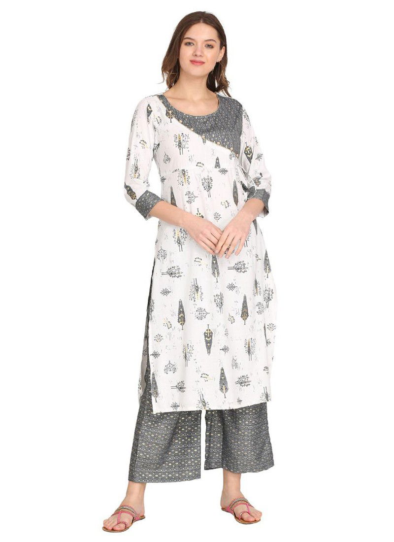 White Colour Fancy Designer Ethnic Regular Wear Rayon Printed Kurti And Palzzo Stylish Latest Collection 156